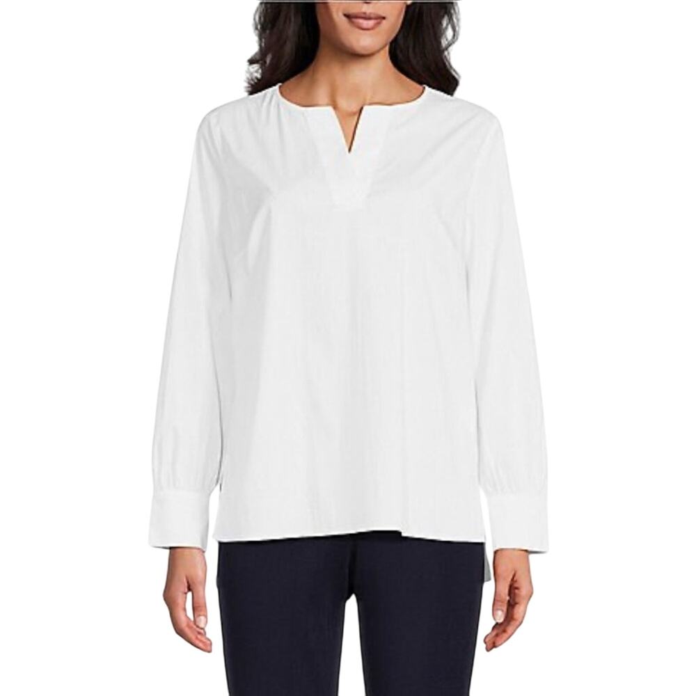 Ming Wang Woven Split V-Neck Back Yoke High-Low Hem White Blouse XS